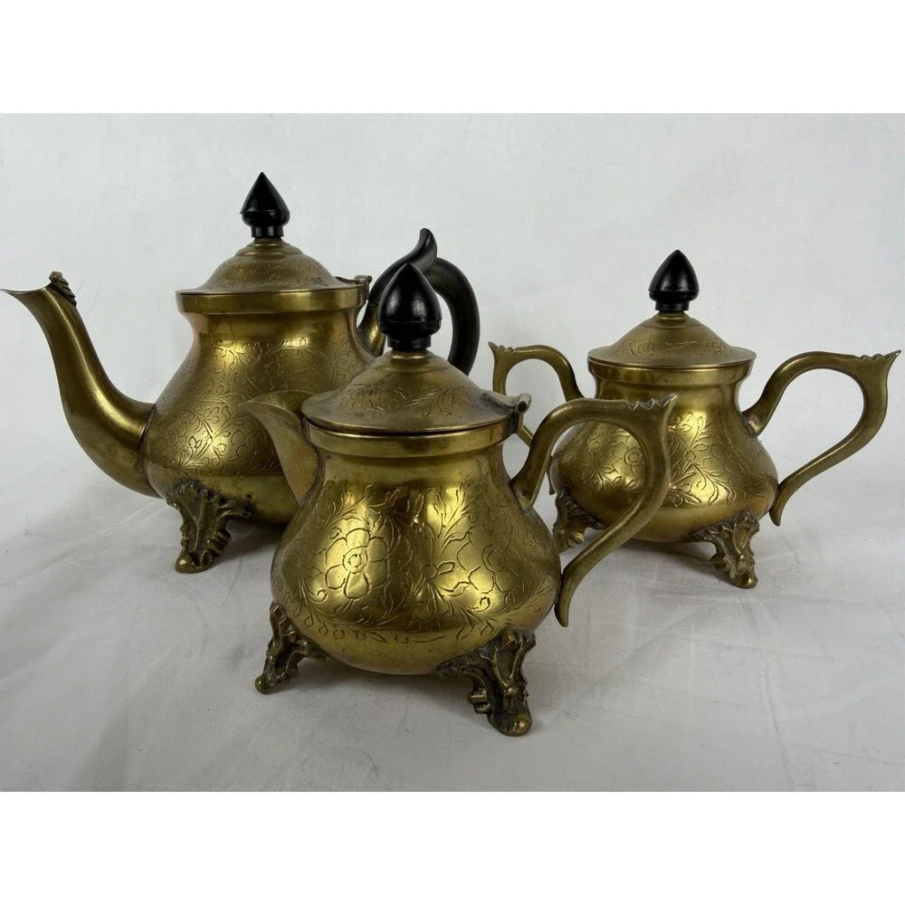 Vintage Brass Tea Set Teapot Creamer Sugar Bowl Detailed Floral Etching
